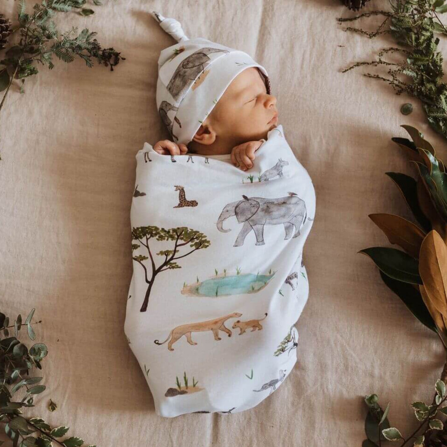 Safari | Baby Cotton Jersey Wrap + Beanie